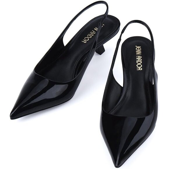Shoes - Women Slingback Black Pu Heel Pumps Dressy Kitten Heels Sandals Wide Width Shoes